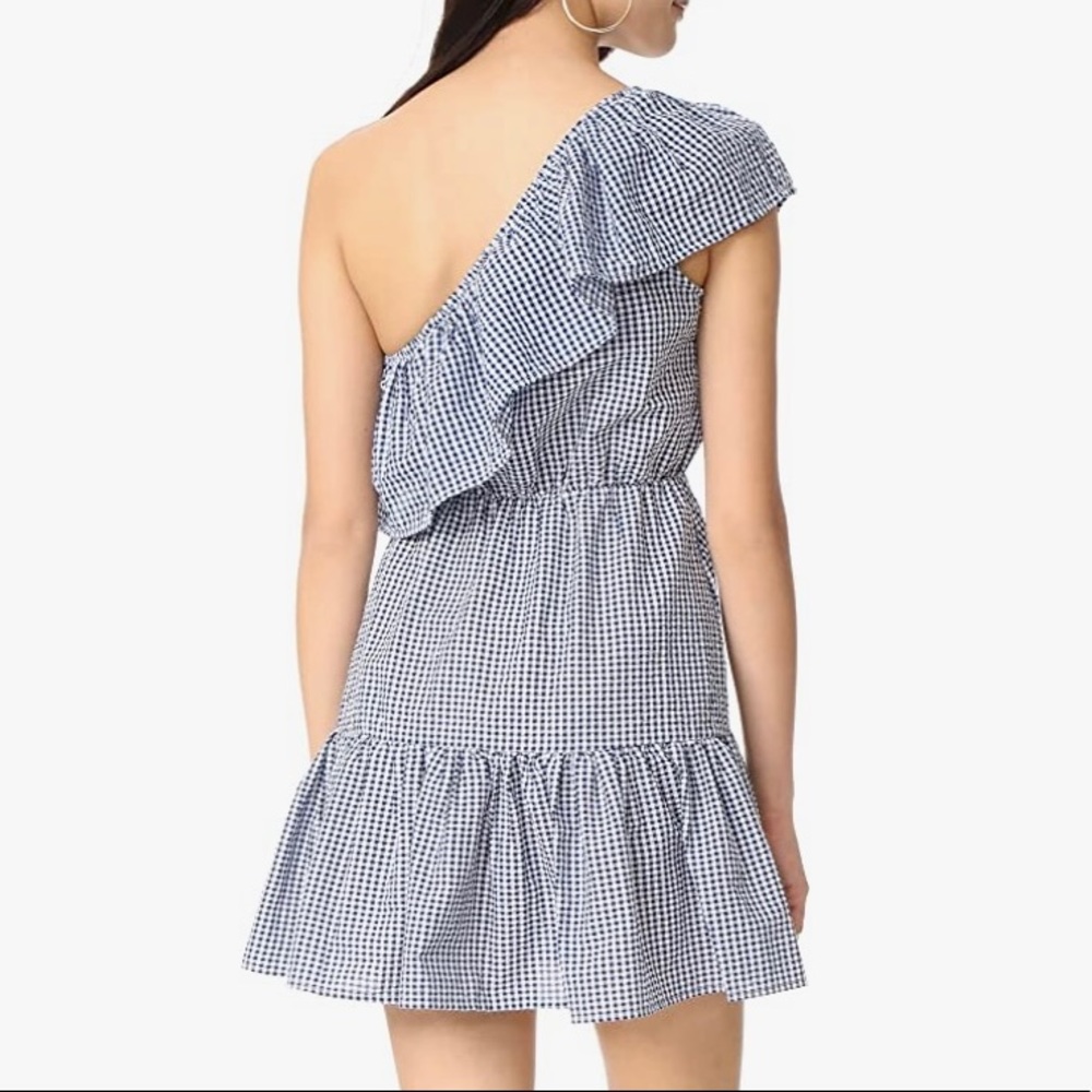 MINKPINK GINGHAM DRESS SUMMER LARGE ONE SHOULDER RUFFLE MINI WANDERER BLUE WHITE - Picture 12 of 15